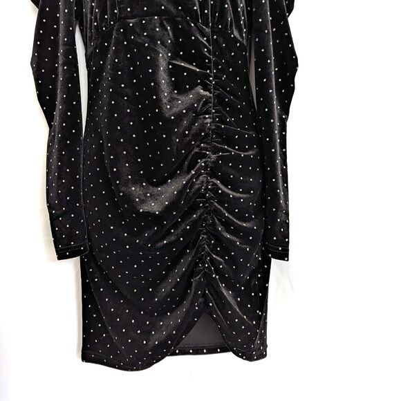 Betsey Johnson Power Shoulder Black Velvet Dress Metallic Silver Polk Dot Size M - Picture 5 of 15